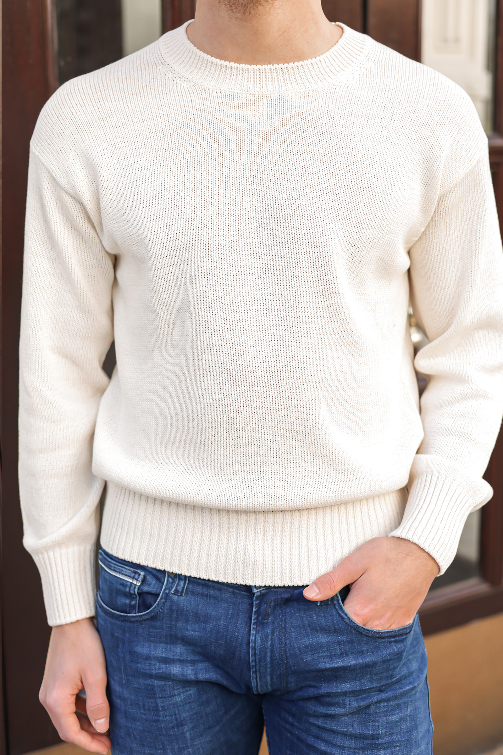Crew Neck Cotton Sweater, Beige - Bilde 4