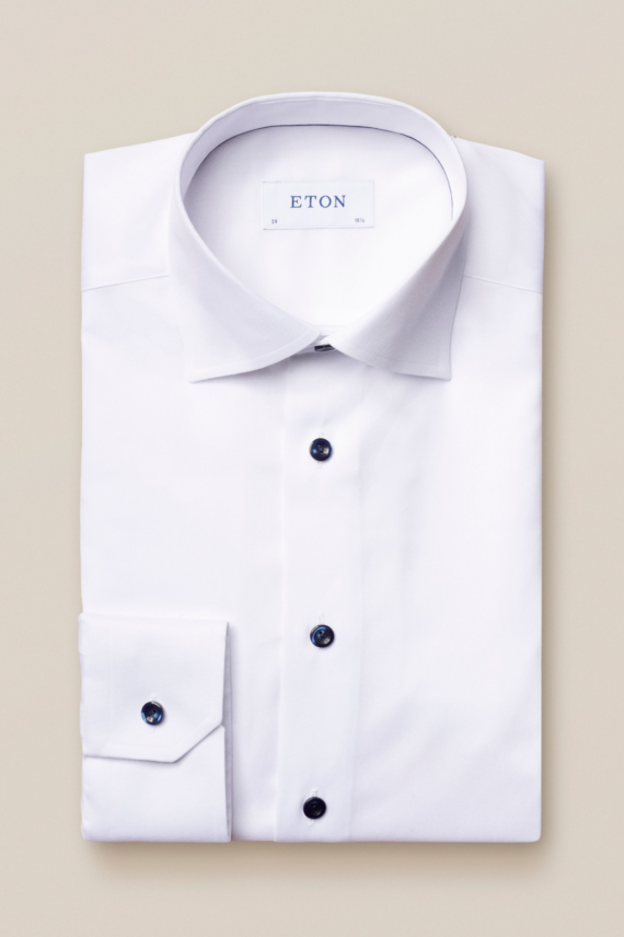 Slim White Navy Details Signature Twill Shirt, Hvit