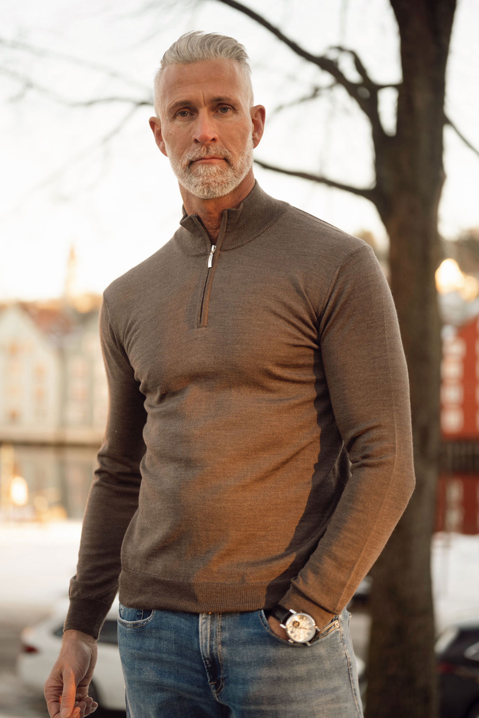 Bernie Merino 1/2 Zip, Lys Brun