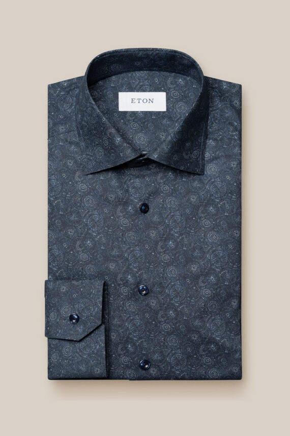 Slim Eton Shirt, Mørk Blå Mønstret