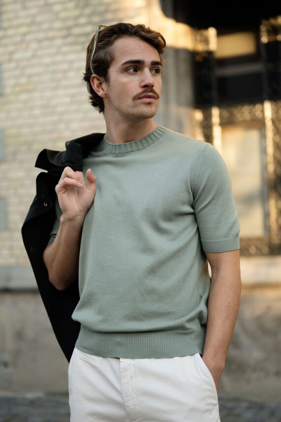 Cotton Heavy Knitted Crew Neck T-Shirt, Grønn