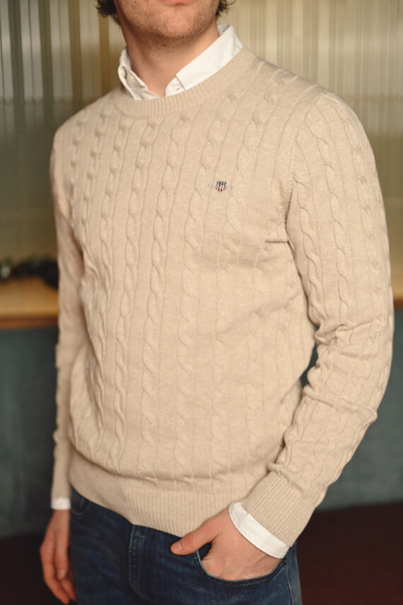 Cotton Cable C-neck, Oat Melange