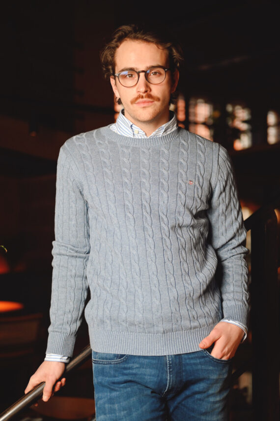 Cotton Cable C-Neck, Denim Blue Melange