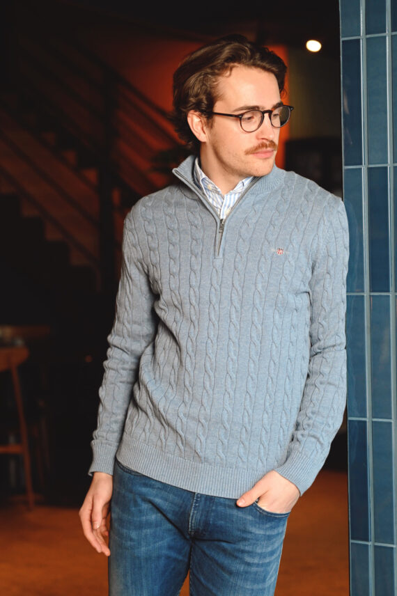 Cotton Cable Half-Zip, Denim Blue Melange