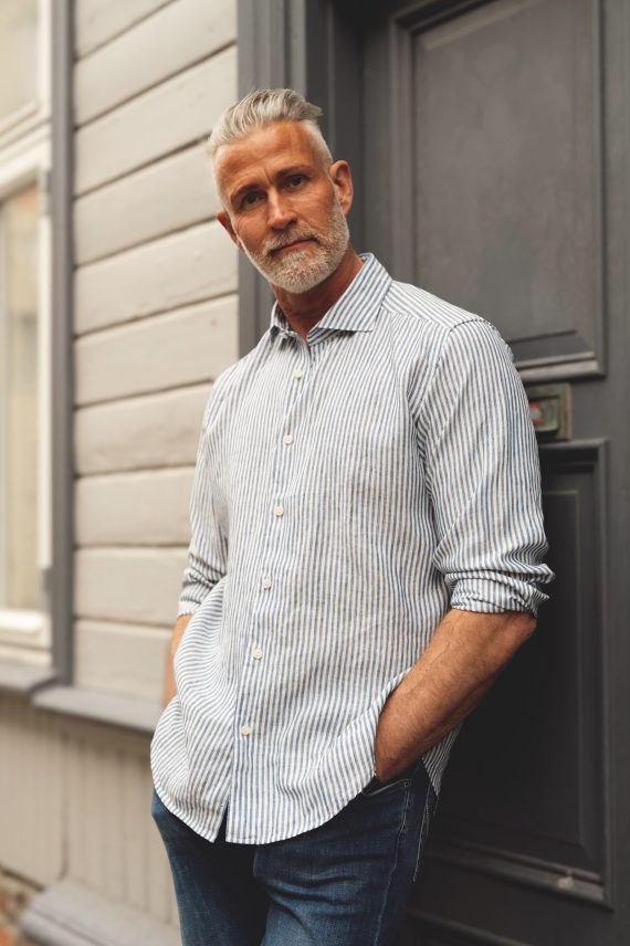 Navy Striped Linen, Blå Stripete