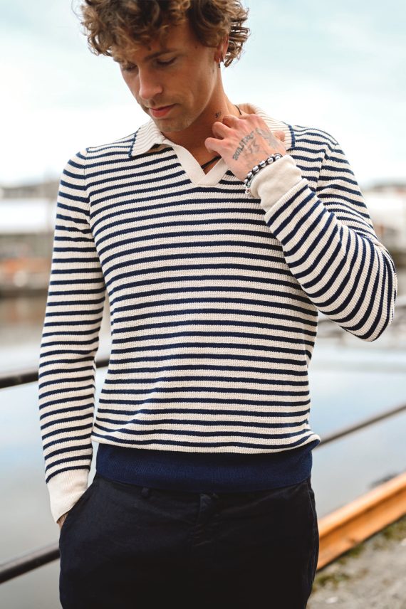 Striped Knitted Skipper Polo, Off-White/Blue