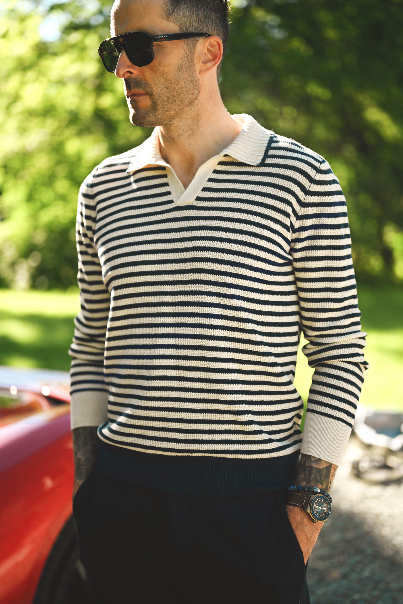 Striped Knitted Skipper Polo, Off-White/Blue - Bilde 4