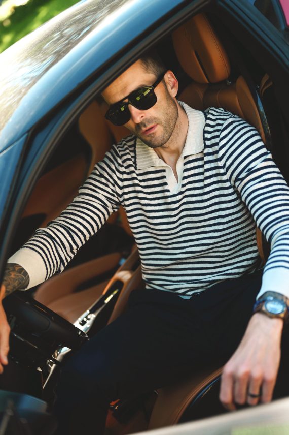 Striped Knitted Skipper Polo, Off-White/Blue