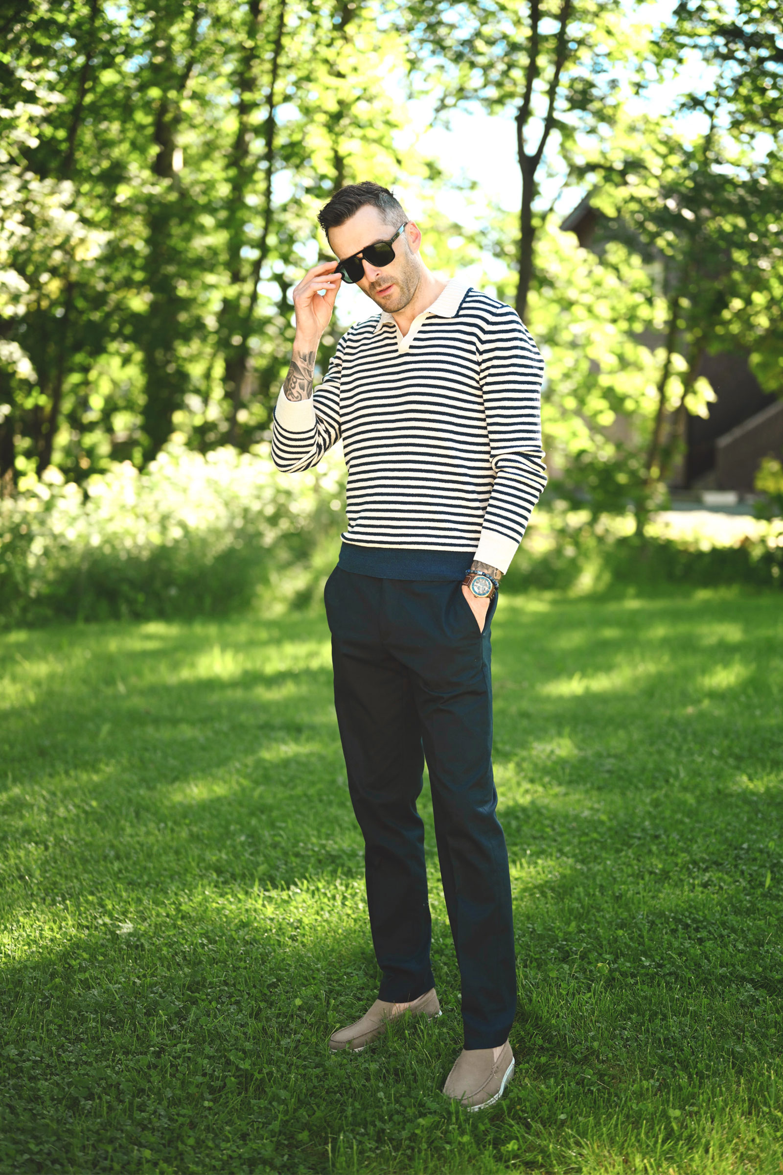 Striped Knitted Skipper Polo, Off-White/Blue - Bilde 2