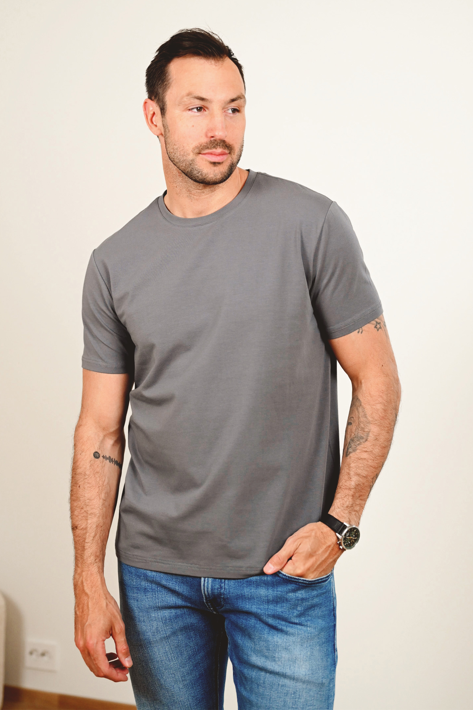 Organic Cotton Crew Tee, Steel Grey