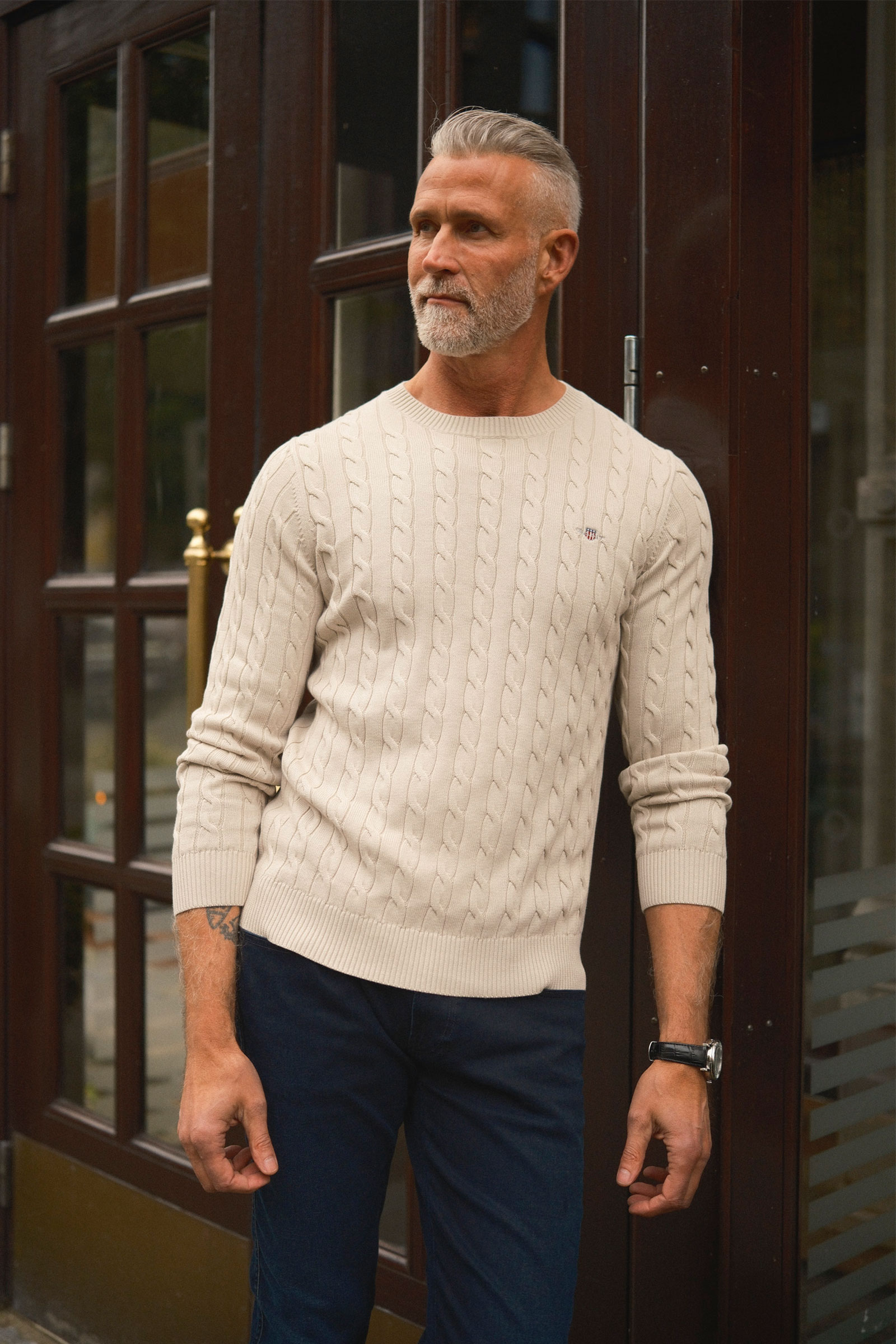 Classic Cable Knit Sweater, Light Beige