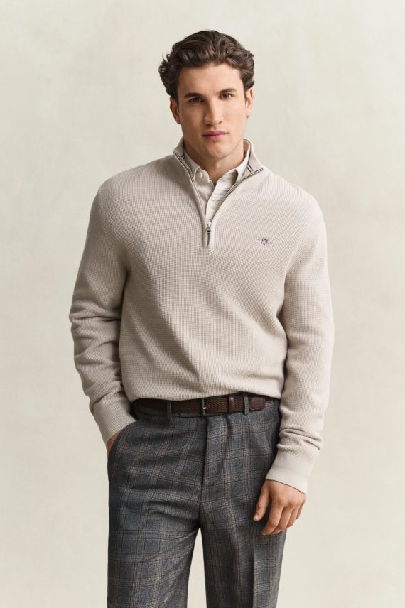 Waffle Knit Half-Zip, Clay Beige