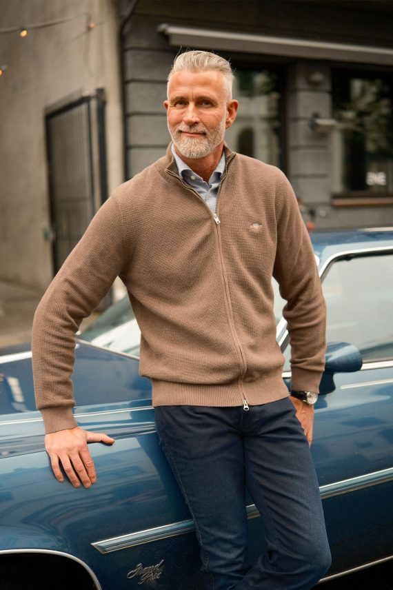 Waffle Knit Zip Cardigan, Dark Hazelnut Melange