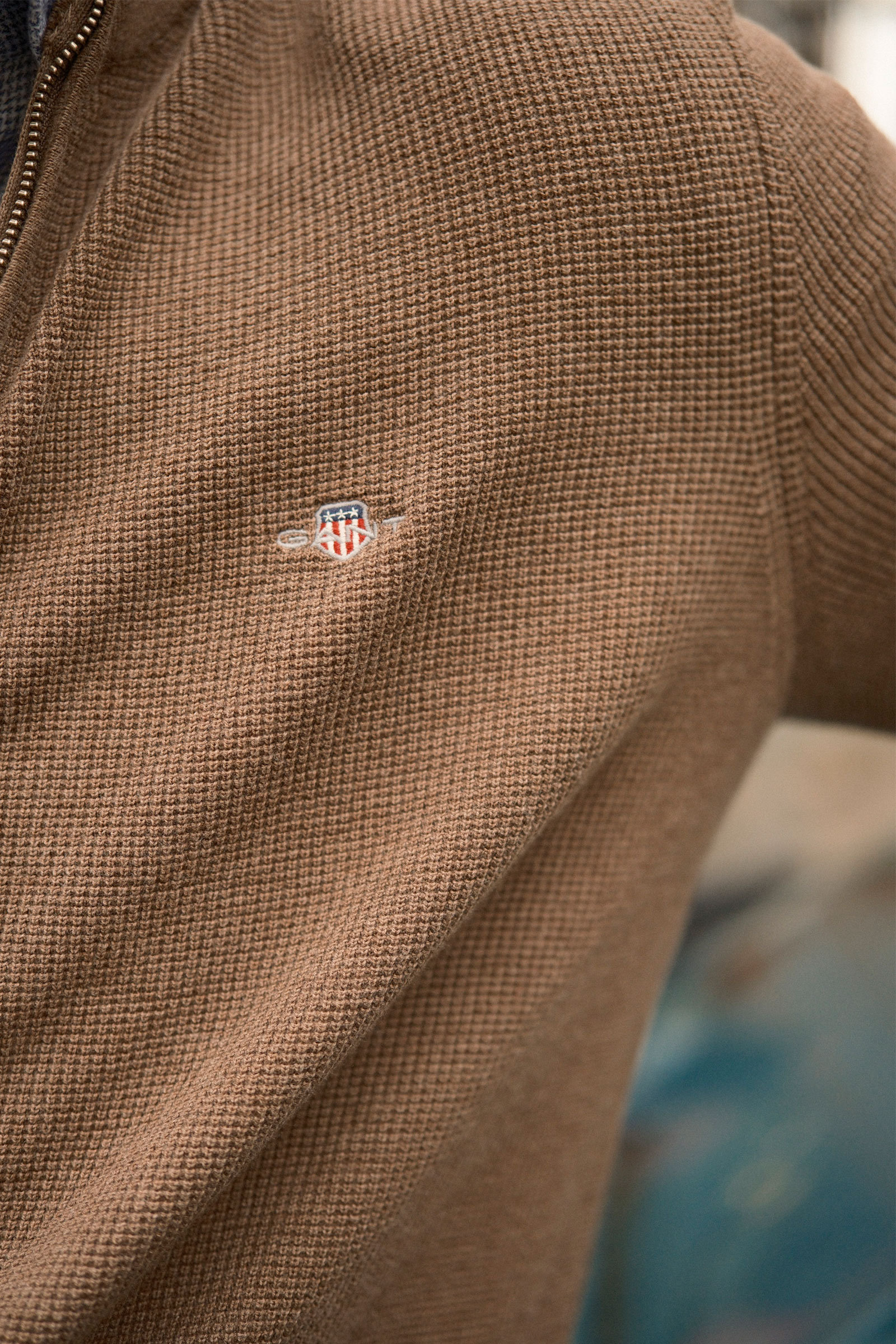 Waffle Knit Zip Cardigan, Dark Hazelnut Melange - Bilde 6