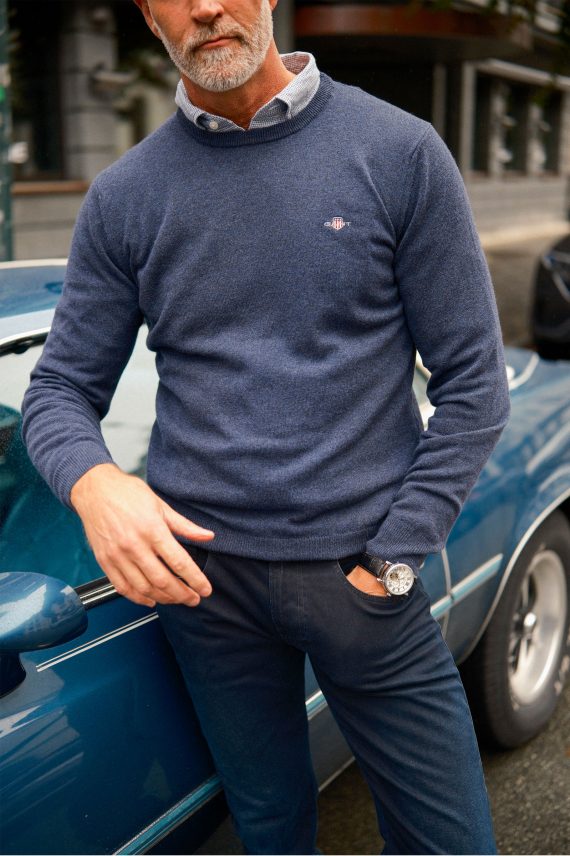 Superfine Lambswool C-Neck, Dark Navy Melange