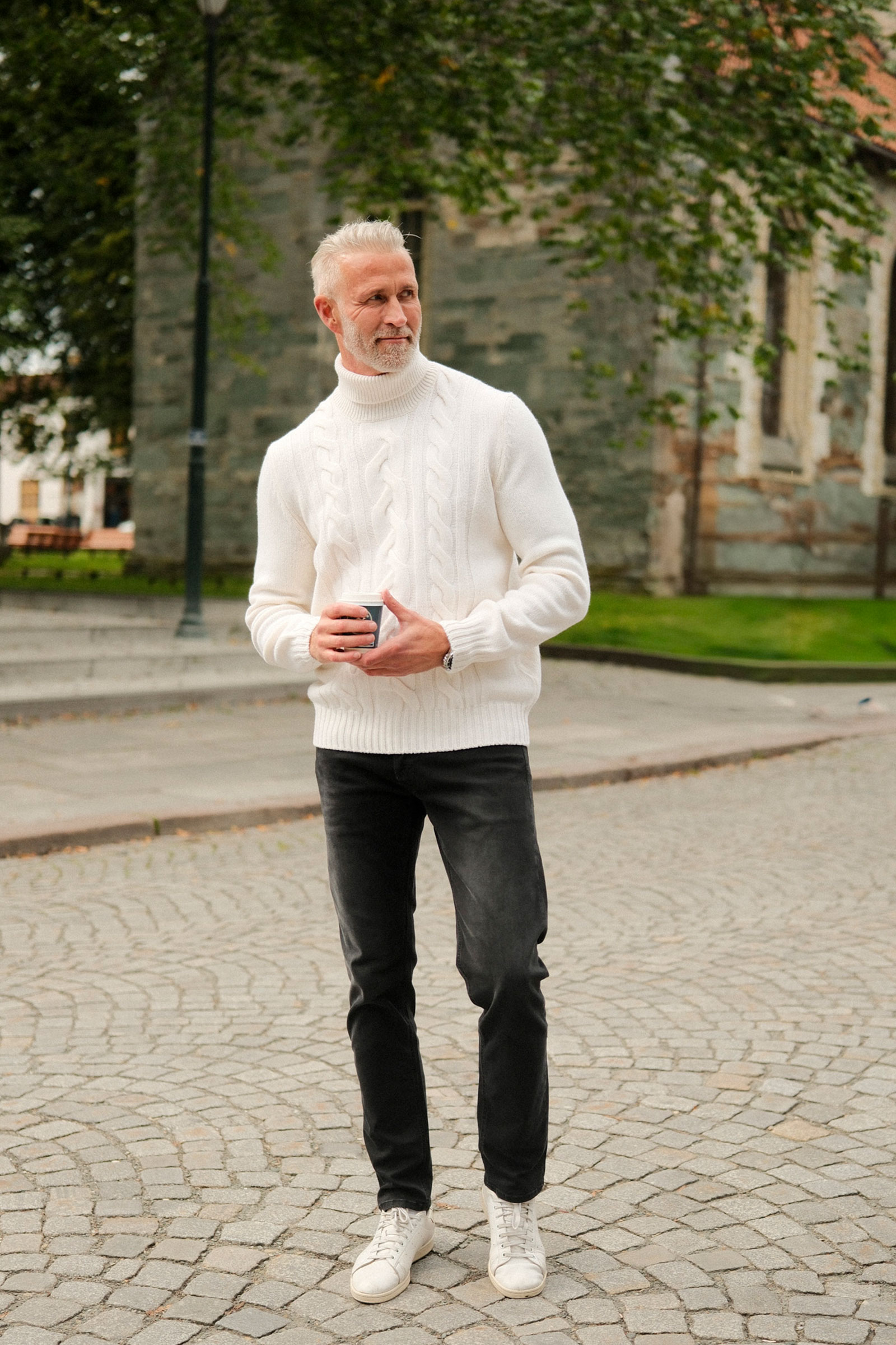 Cabled Super Geelong Turtleneck, White - Bilde 2
