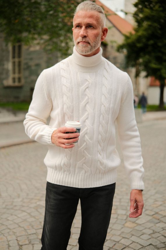 Cabled Super Geelong Turtleneck, White