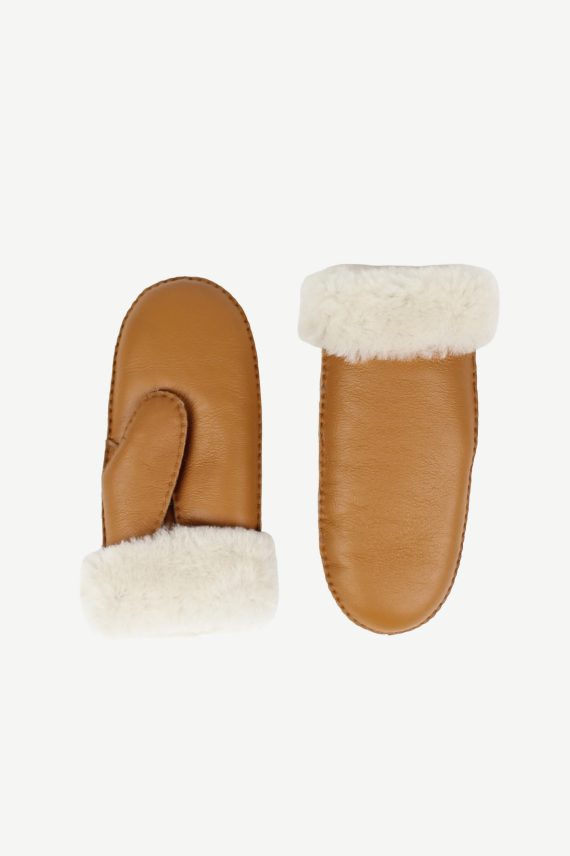 Ina Leather Shearling Mittens, Cognac