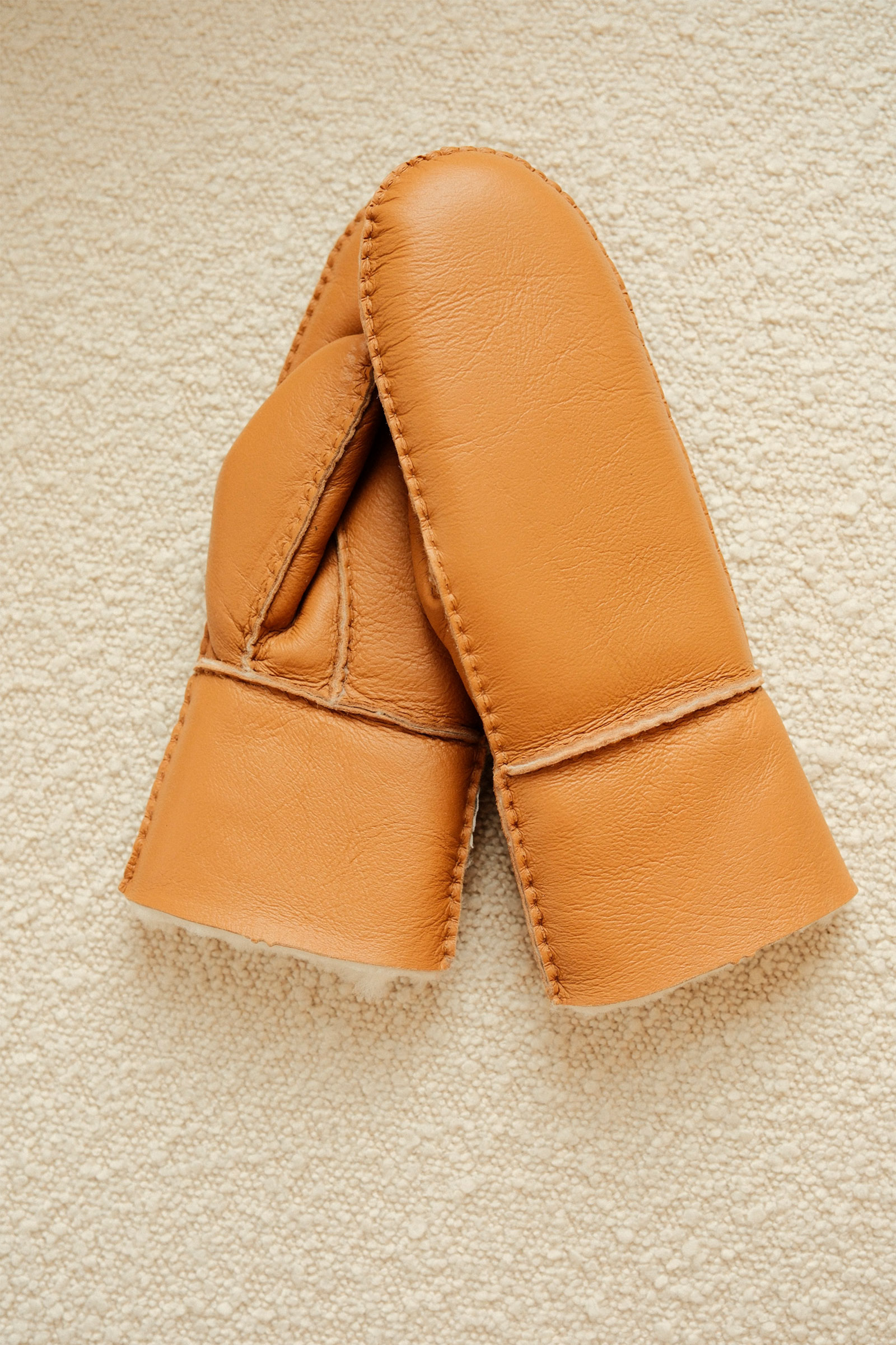 Ina Leather Shearling Mittens, Cognac - Bilde 3