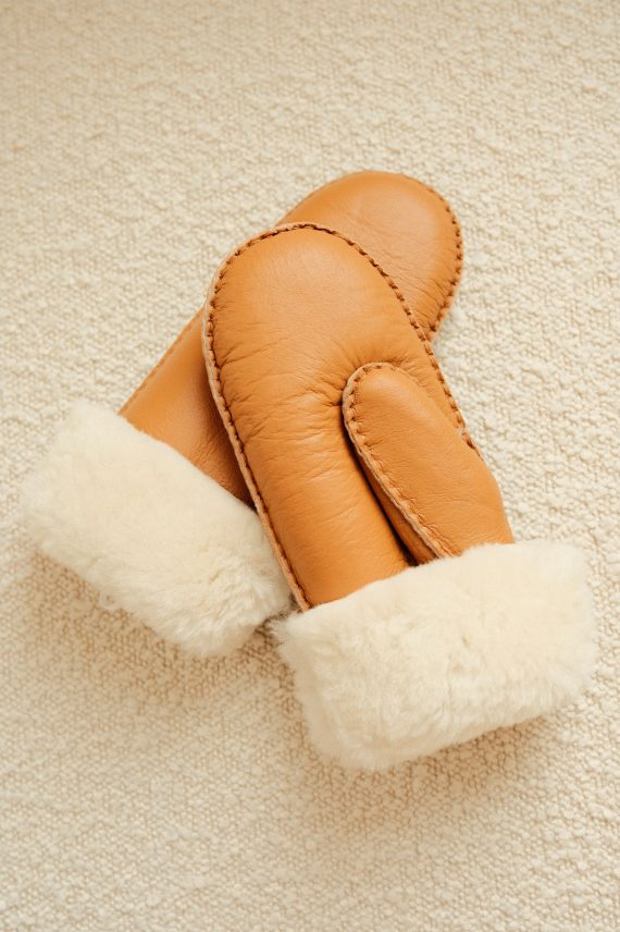Ina Leather Shearling Mittens, Cognac - 7