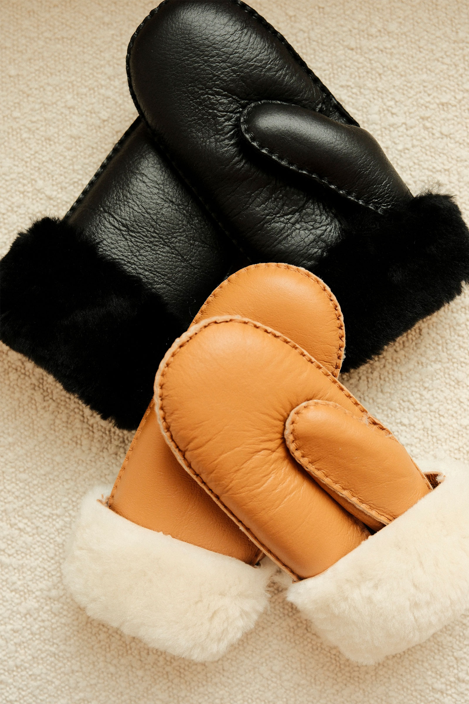 Ina Leather Shearling Mittens, Cognac - Bilde 2