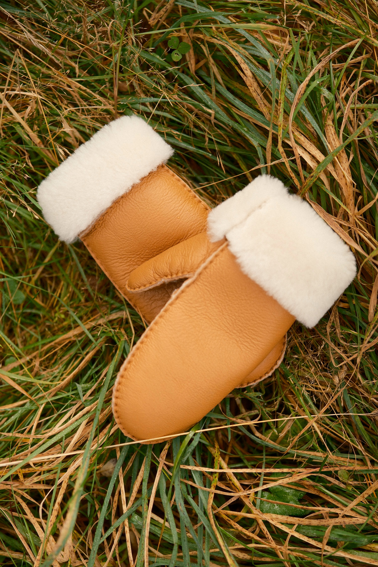 Ina Leather Shearling Mittens, Cognac