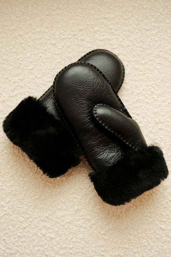 Ina Leather Shearling Mittens, Sort
