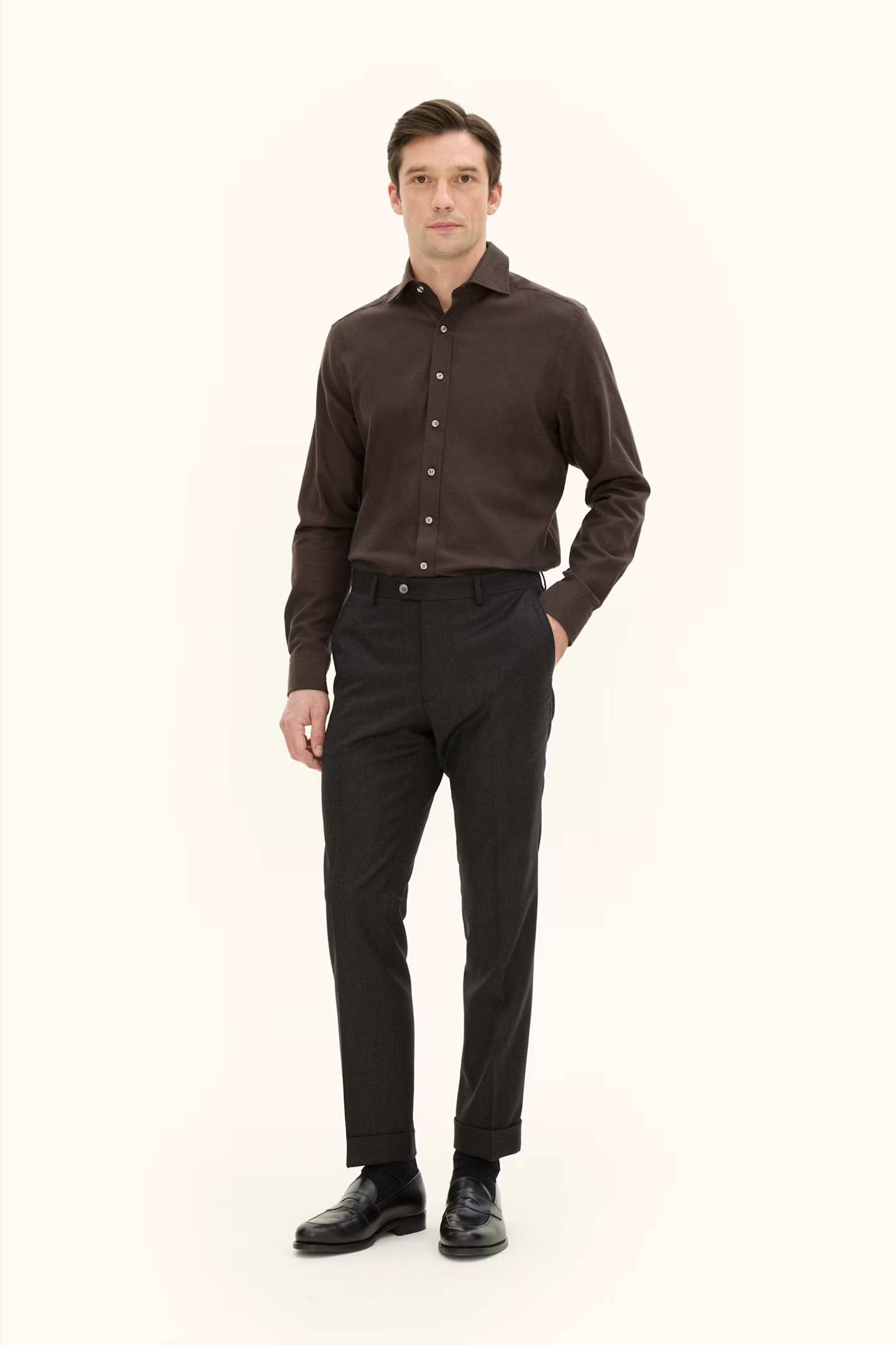 Regular Fit Cut Away Brushed Flannel, Brun - Bilde 4