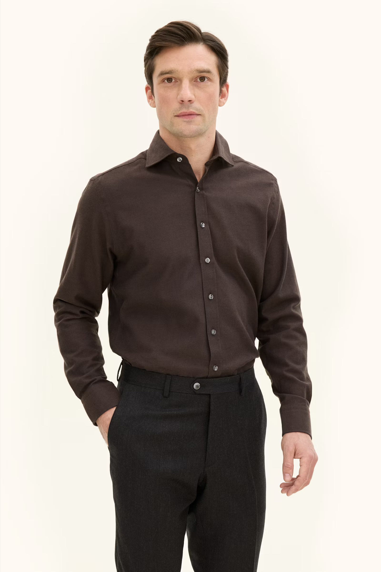 Regular Fit Cut Away Brushed Flannel, Brun