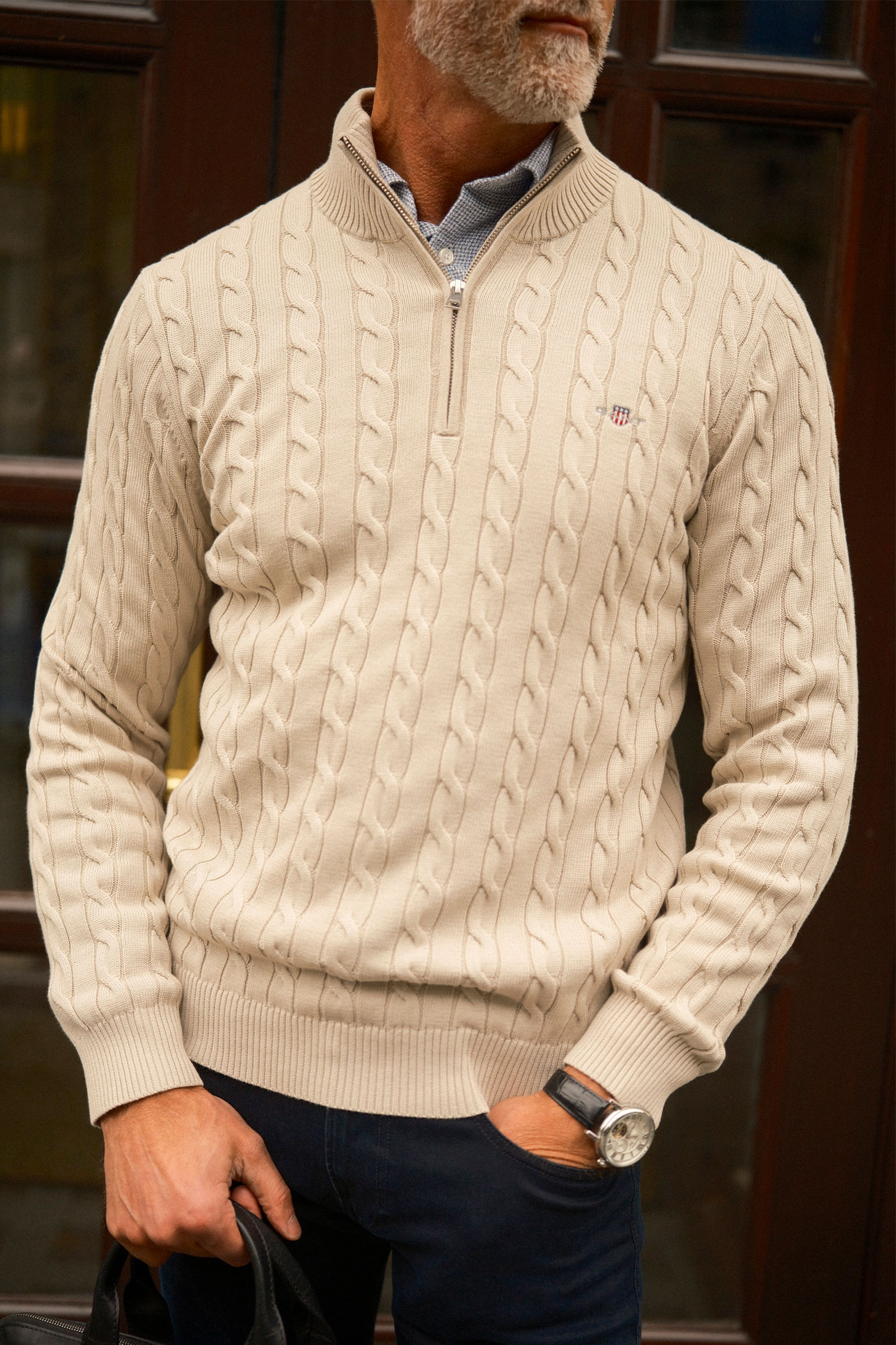 Cable Knit Half-Zip Sweater, Clay Beige - Bilde 12