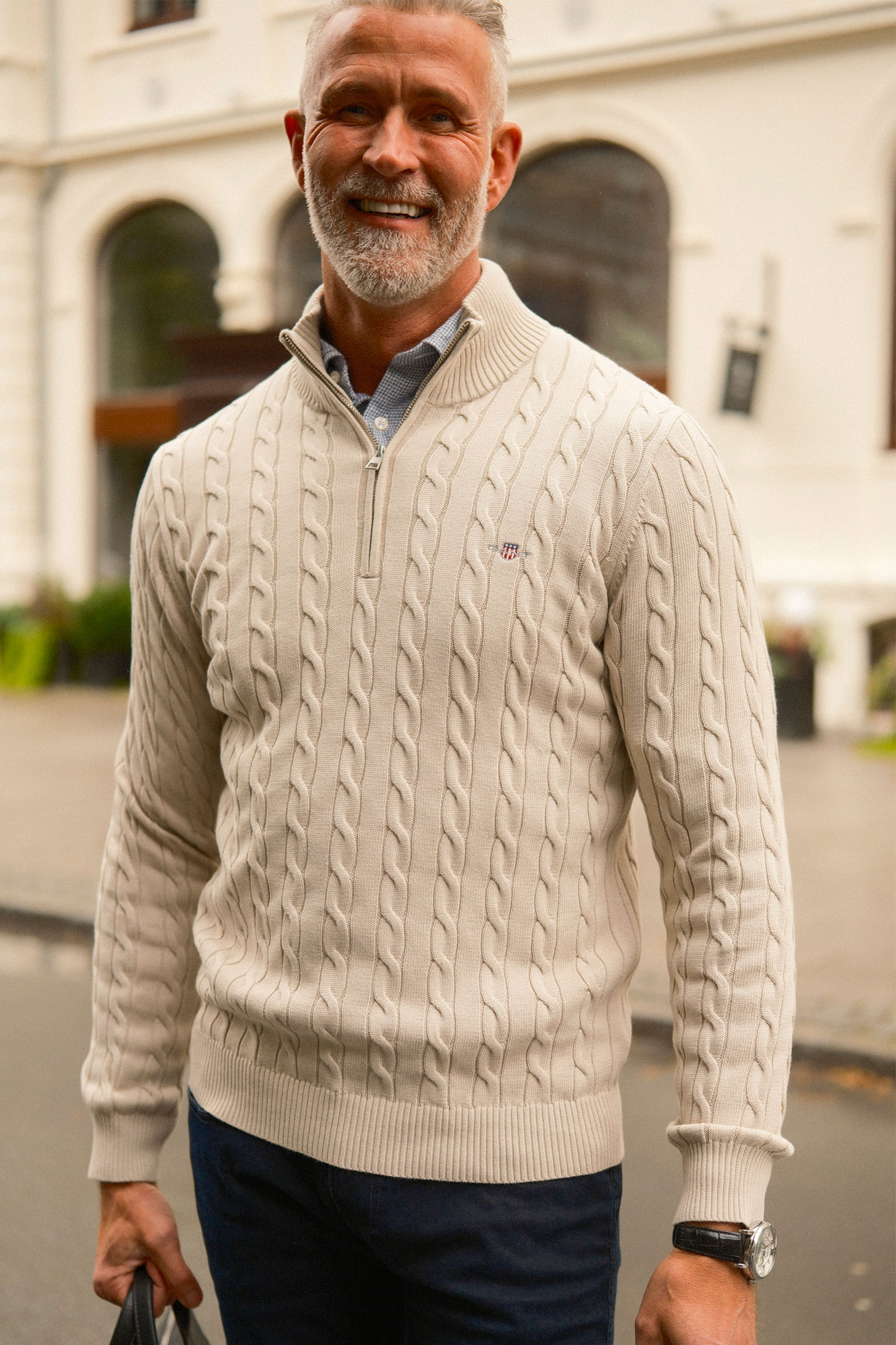 Cable Knit Half-Zip Sweater, Clay Beige - Bilde 6