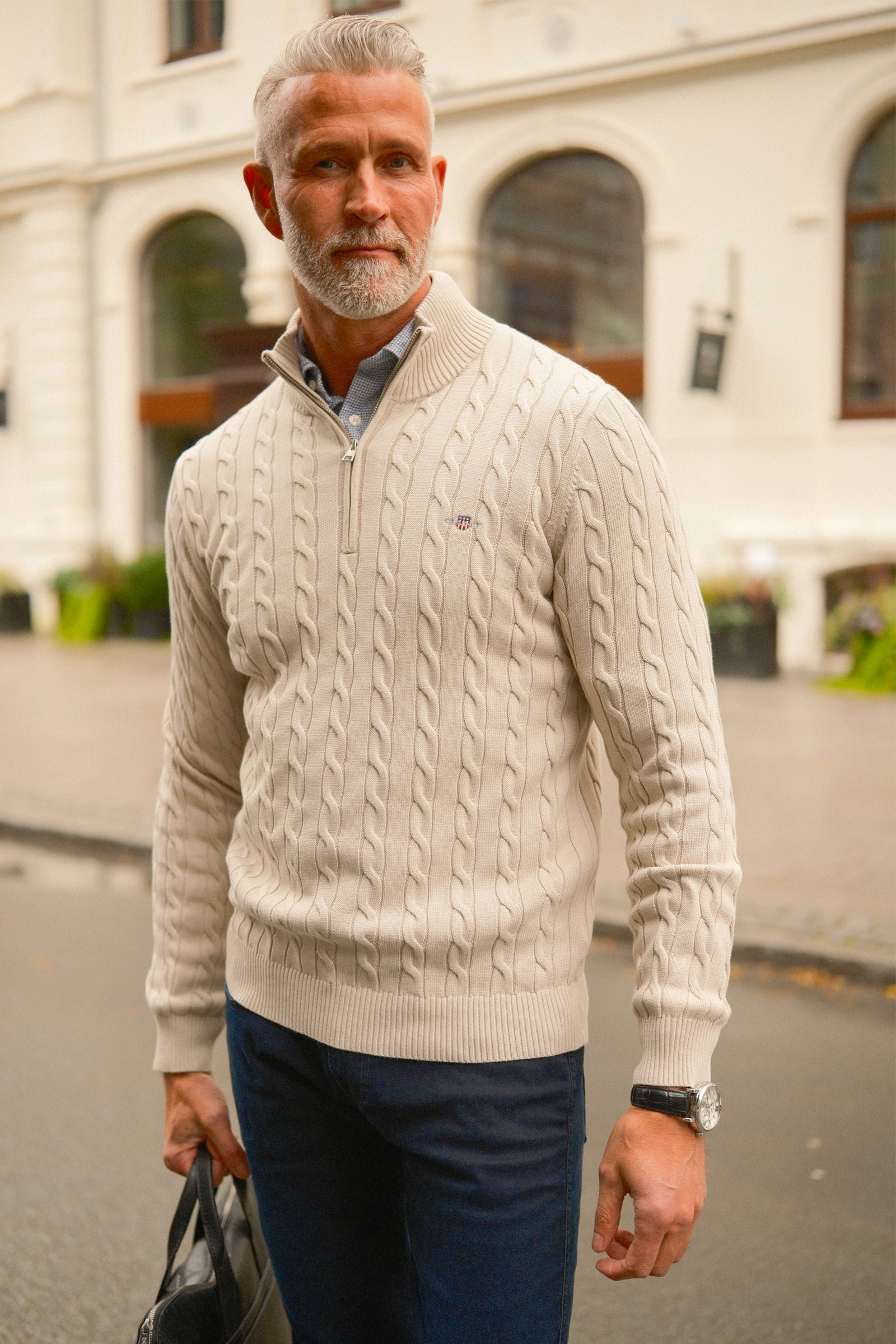 Cable Knit Half-Zip Sweater, Clay Beige