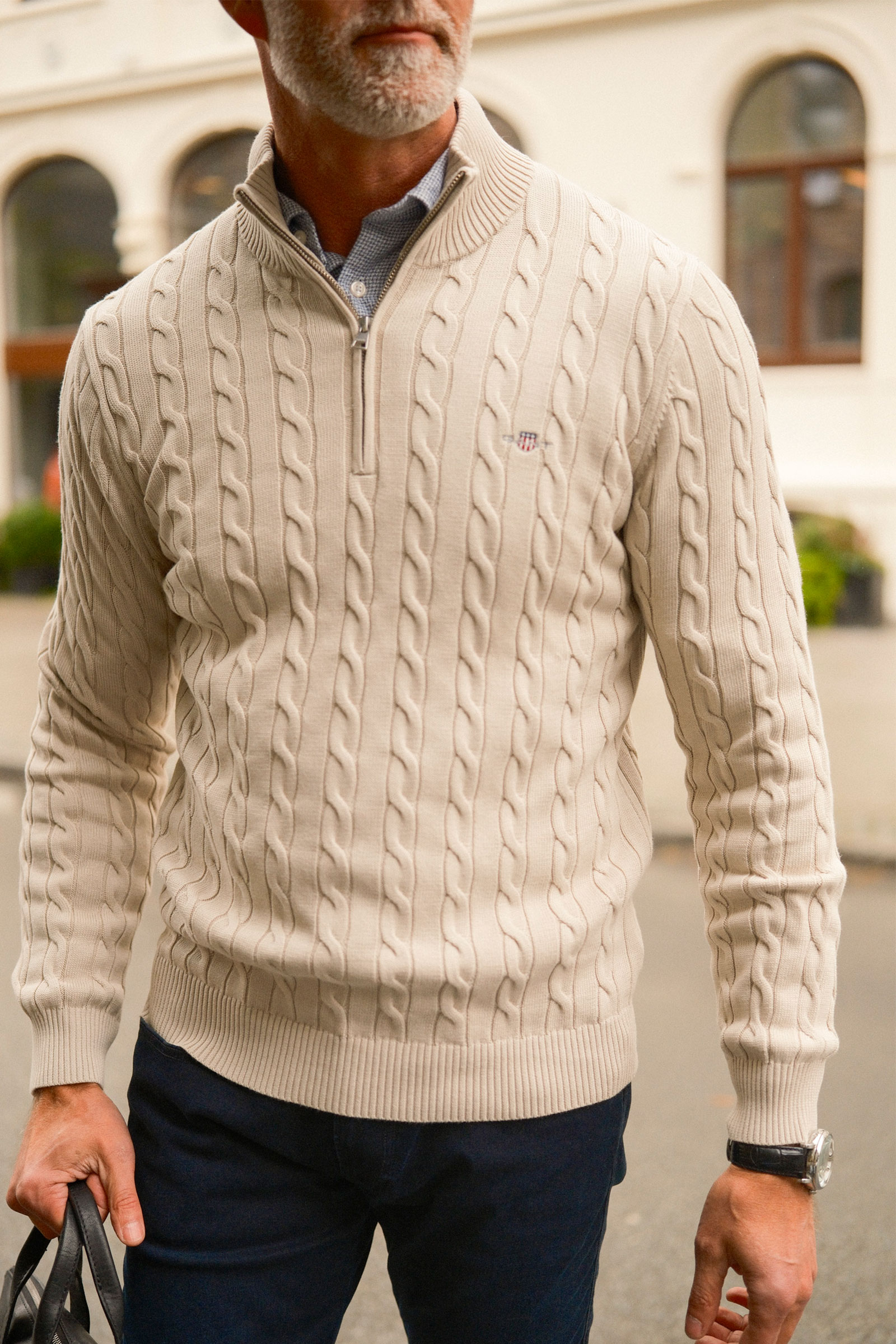 Cable Knit Half-Zip Sweater, Clay Beige - Bilde 9